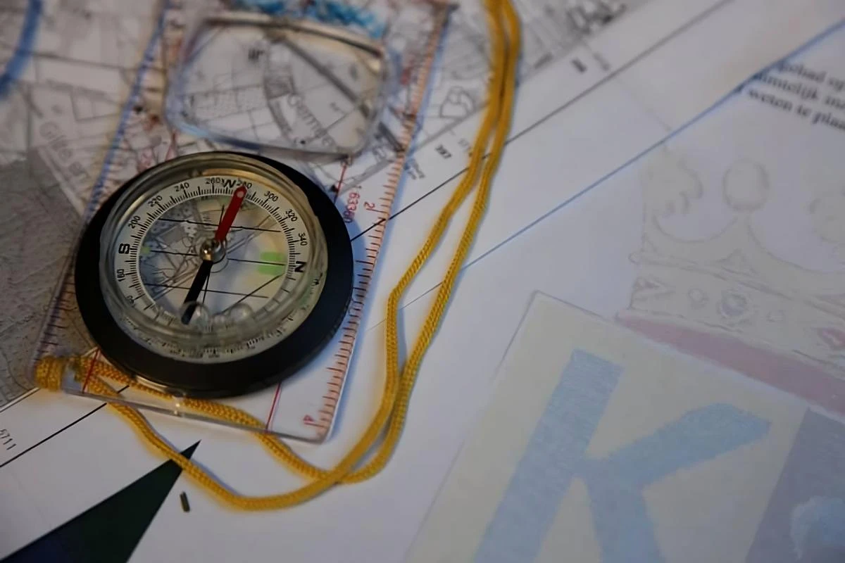 kompas op een kaart bij het plotten van het startpunt van de berentocht
